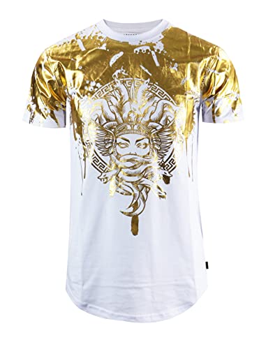 SCREENSHOT-S11279 Mens Hip-Hop Streetwear Premium Quality Urban Tee - Snake Head Masked Medusa Goddess Gold Foil Embossed Gel Print T-Shirt-White-2XLarge