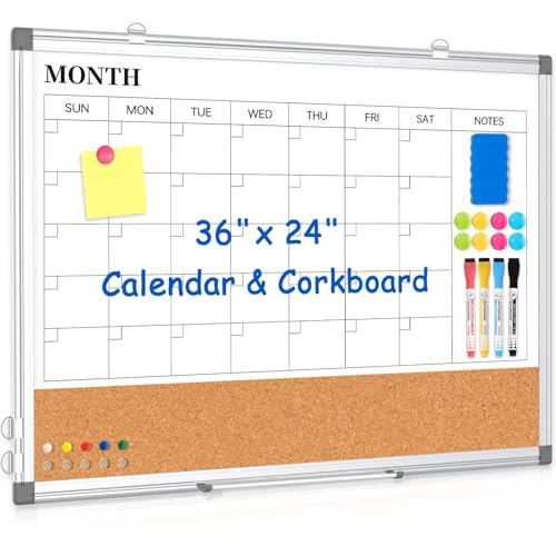Monthly Calendar Whiteboard Dry Erase Cork Board Combo for Wall, 36" x 24" Magnetic Double-Sided Calendar White Board and Bulletin Board, Portable Board for Office, Kitchen, School, Home