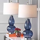 SAFAVIEH Lighting Collection Mercurio Blue Glass Double Gourd 29-inch Bedroom Living Room Home Office Desk Nightstand Table Lamp Set of 2 (LED Bulbs Included)