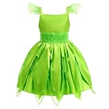 BUBBIZOZO Girl Tinkerbell Cosplay Costume 7pcs Set, Kid Fairy Halloween Princess Dress Up with Wings Wand Necklace (TinkerBell Green, 5-6T (Tag-130))