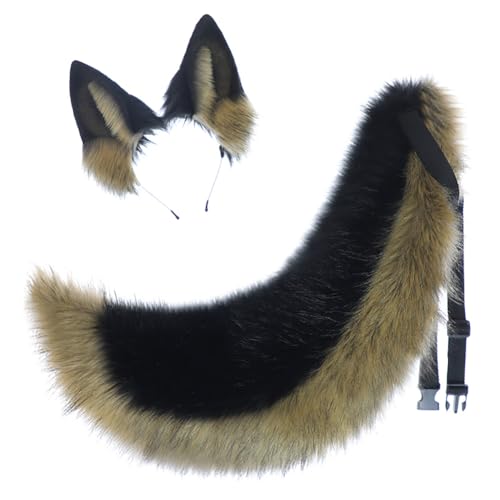 JUNBOON Black Wolf Ears Headband Fluffy Long Dog Tail Costume Accessory Cosplay Dress up Headdress