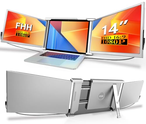 FHH Laptop Screen Extender, 14" FHD 1080P Triple Monitor for Laptop Extension- 315°Rotate Portable Dual Monitor Screen for 13.3"-16.5" Laptops Type-C/HDMI/USB-A Plug & Play for Wins/Mac/Chro