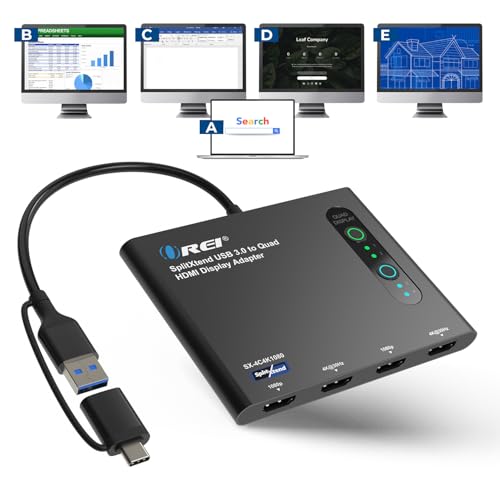 OREI SplitExtend HDMI Splitter Extended Display for Quad Monitor - Multi-Monitor Display 5 Separate Screens - USB-C Adapter to HDMI 2.0, 4K@30Hz Outputs - Windows and Mac Compatible