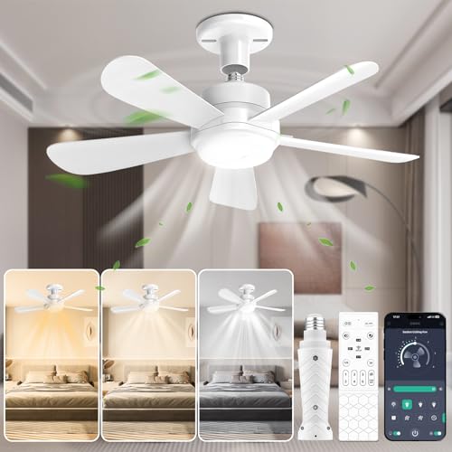 Socket Fan Light with APP & Remote, 22-in Screw-in Ceiling Fan for E26 Base, 3 Color Tones Adjustable, Reversible Motor for Home Bedroom Living Room Kitchen Garage