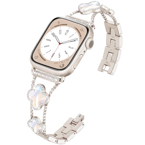 Wipalor Four-Leaf Clover Band for Apple Watch Bands 42mm 41mm 40mm 38mm, Lightweight for Women, Easy Adjustable Bracelet, Shiny Diamond Jewelry Metal Straps iWatch Series 10 9 8 7 6 5 4 3 SE-Starlight