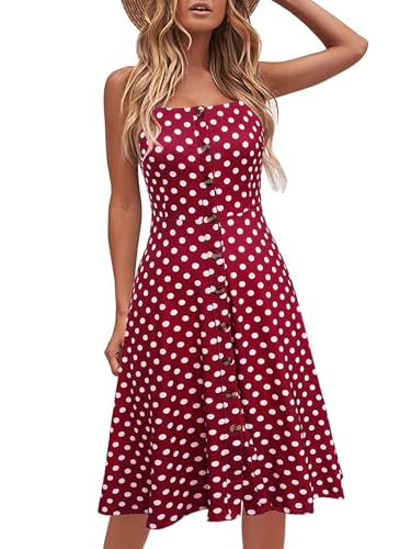 Berydress Red Polka Dot Dress for Women 2025 Vacation Casual Beach Summer Midi Dress Spaghetti Strap Button Down Boho Sundresses (L, 6046-Red Dot)