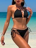 TASHEHE Women's Bikini Set String Tie Side Sexy Swimsuit Two Piece Cute Halter Bathing Suit - Black - Medium