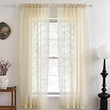 Kotile 80 Inch Length Beige Lace Curtains 2 Panels Set Country Vine Floral Scalloped Vintage Sheer Lace Curtains 80 Inches Long for Bedroom Living Room, Rod Pocket Privacy Lace Curtain, 52 x 80 Inch