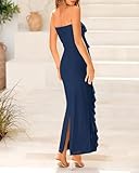 BTFBM Women's Summer Long Formal Wedding Guest Dress Cocktail Dress Strapless Tube Ruffle Maxi Bodycon Dresses(Solid Navy,Large)