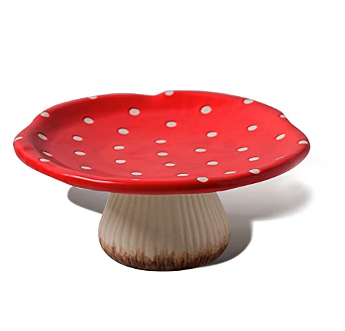 RESVUGA Mushroom Cake Stand, 9 in Polka Dot Safety Ceramic Display Plate Serving Tray, Cute Dinner Plates, Pasta & More.