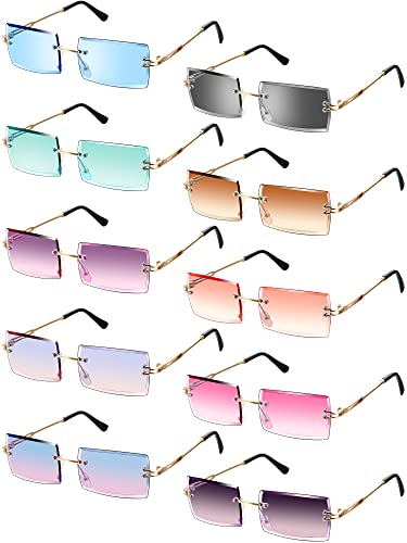 Weewooday 10 Pairs Rimless Sunglasses Rectangle 90s Retro Sunglasses Trendy Y2k Sunglasses Frameless Square Glasses Eyewear for Men Women (Vivid Color)