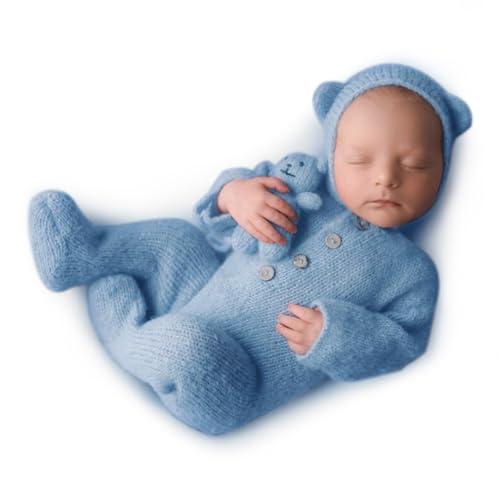 Newborn Photography Props Teddy Bear Outfit,Footed Romper With Bear Hat For Baby Photo Shooting