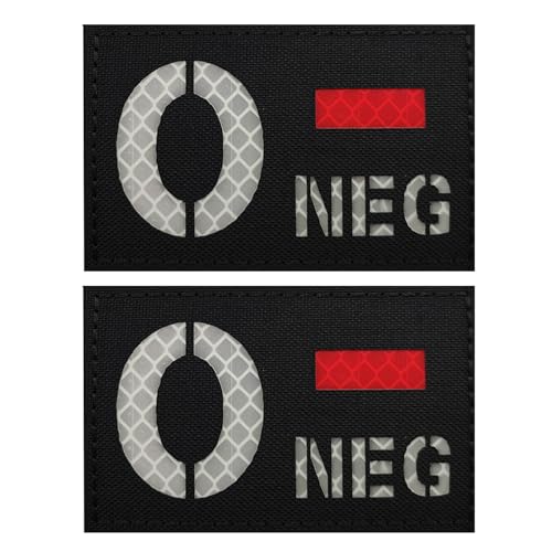 2 PCS EmWoot Blood Type Patch O- NEG Patch IR Infrared Reflective Patches Tactical Morale Patch Laser Cut Patch Hook and Loop(3×2 inch Black White)
