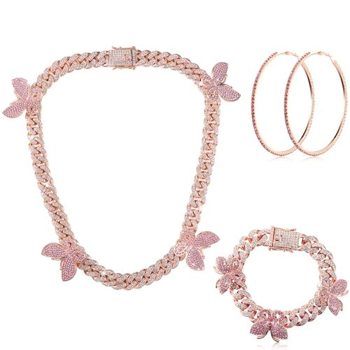 3 Pieces Butterfly Cuban Jewelry Set Cuban Link Chain Necklace for Women Rhinestone Butterfly Pendant Necklace Rhinestone Bracelet Large Hoop Earrings Bling Earrings(Cute,Rose Gold, Pink)