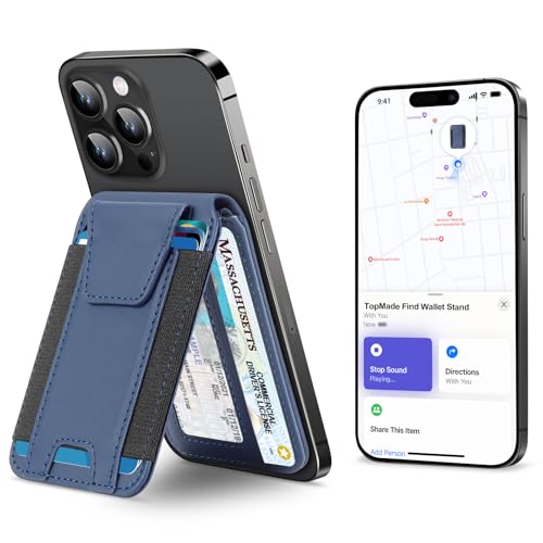 TopMade for Magsafe Wallet, Works with Apple Find My, Strongest Magnetic Wallet for iPhone 16/15/14/13/12 Series, Mganetic Card Holder with Adjustable Stand, 9 Cards Holder, RFID Blocking, Dark Blue