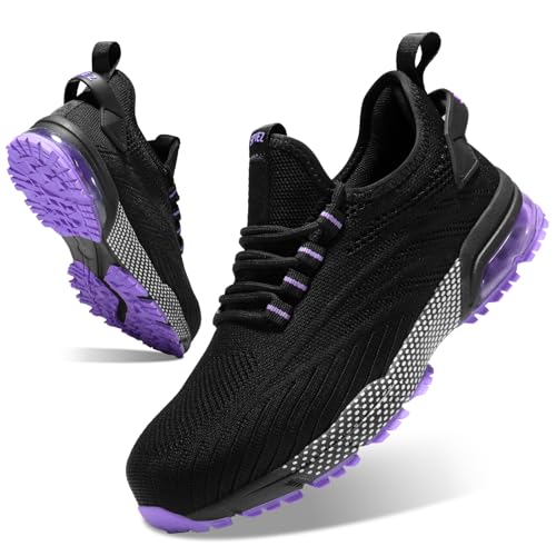SPIEZ Composite Toe Safety Shoes, Lightweight Non Slip Work Shoes, Air Cushion Safety Sneakers for Women Black/Purple US 9