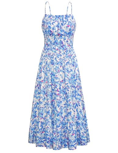 GRACE KARIN 2025 Women's Spaghetti Strap Sleeveless Dress Summer Beach Floral Print Flowy A Line Maxi Dress with Pockets Blue Floral M