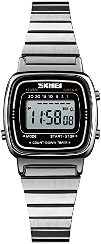 MASTOP Women's Classic Simple Petite Electronic Quartz Watch Stainless Steel Square Slim Led Watch Digital Watch
