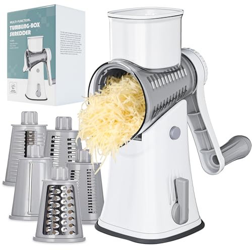 Ourokhome Rotary Cheese Grater Shredder, Multifunction 5 in 1 Kitchen Manual Speed Round Mandolin Food Slicer Vegetable Shooter Potato Hashbrown Grinder for Nut, Carrot, Radish, Cucumber, White