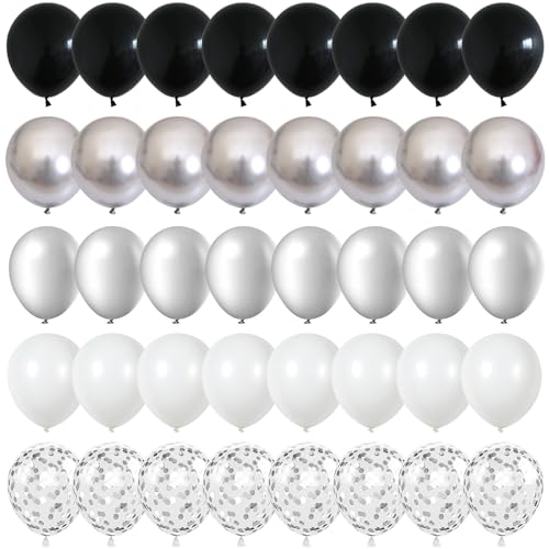 Black and Silver Balloons, 60 Packs 12 Inch Chrome Metallic Silver Balloons and Confetti Balloons, Black White Silver Balloon for Wedding Engagement Birthday Halloween Decorations
