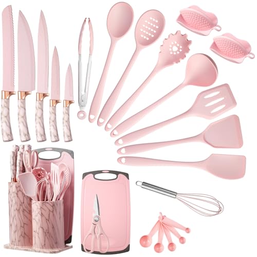 LSFCHUJU 25 PCS Kitchen Utensils Set, Silicone Cooking Utensils Set with Kitchen Knife Set and Holder, Silicone Handle Kitchen Tool Set - Kitchenware Set (Rose Gold Pink)
