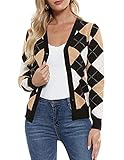 Women Color Block Short Cardigan 90s Vintage Knit Sweater Vee Neck Plaid Preppy Style Cardigan Knitwear(Plaid Camel White,L)