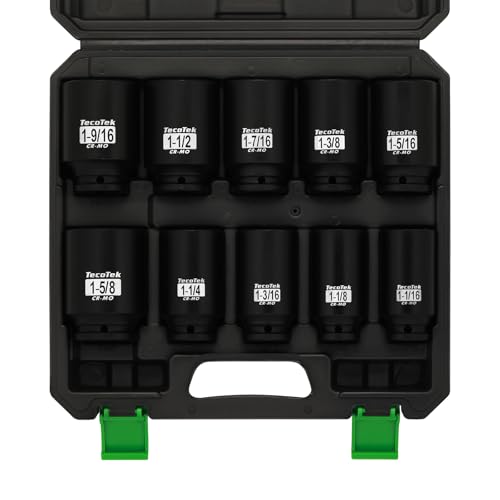 TecoTek 1/2" Drive Deep 6-Point Impact Socket Set, 10-Piece Deep SAE Spindle Axle Nut Impact Socket Set, Cr-Mo, 1-1/16-Inch to 1-5/8-Inch Size, Enhanced Storage Case