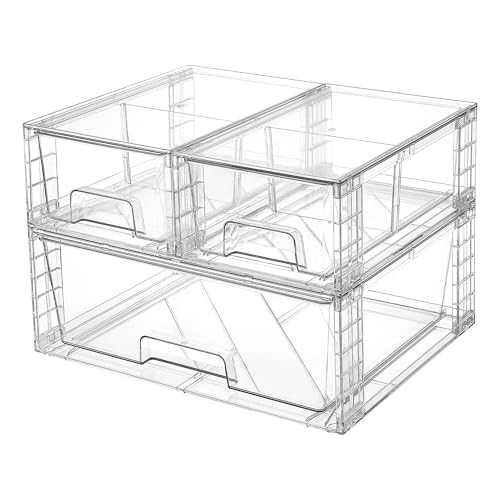 Vtopmart 3 Pack Stackable Storage Drawers, Easily Assemble Acrylic Bathroom Undersink Organizers,Clear Plastic Storage Bins for Closet,Cabinet,Pantry,Medicine Organization