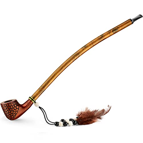 Extra Long 14" Stem Churchwarden Pipe - With Indian Spirit Feathers & Beads - Hand Made Wood Smoking Bowl - in Gift Box