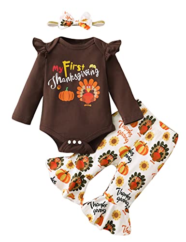 Shalofer Baby Girl Thanksgiving Outfit My First Thanksgiving Bodysuit Infant Turkey Flared Pants Clothes Set(Brown, 3-6 Months)