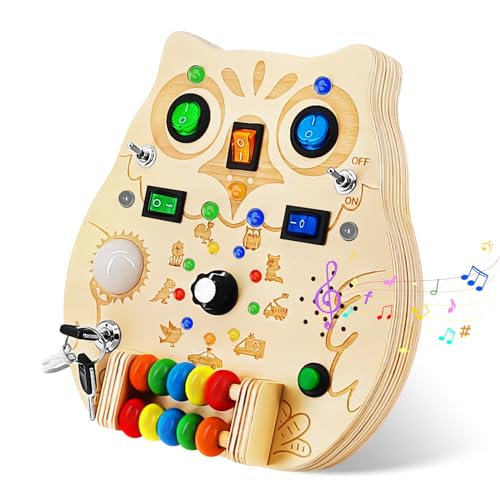 RCPLAGA Busy Board Montessori Wooden Sensory Toy with LED Light Switches, Music, Toddler Light Switch Activity Travel Toys for 1 2 3 Year Old Boys Girls Toddler Toys Gifts