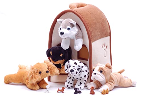SFS Gifts Special Edition Unipak 12" Plush Dog House with 5 Stuffed Animal Dogs Featuring a Bulldog and Husky and 5 Bonus Mini Dog Figures