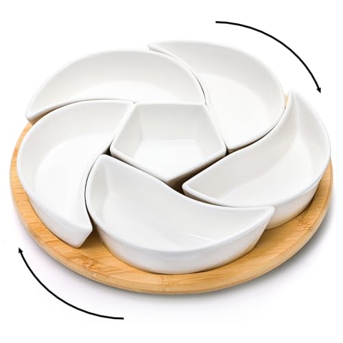 Cididu Ceramic Serving Tray Platters Lazy Susan, Rotating Divided Serving Set with 6 Removable Compartment, 11'' Appetizer Relish Dish, Snack Bowl Set for Party, Kitchen, Fruit