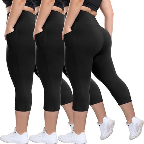 HLTPRO 3 Pack Plus Size Capri Leggings with Pockets for Women - High Waisted Soft Workout Tummy Control Yoga Pants XX-Large