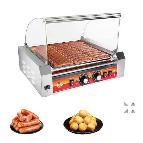 1670W Commercial Hot Dog Rollers,11 Rollers 30 Hotdog Roller Grill,Stainless Steel Hot Dog Machine with Dust Cover,Hot Dog Roller Machine with Dual Temp Control and Led Light (Red)
