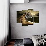 4 Panel Wall Art Tiger Looking and Sitting Under Dramatic Sky with Clouds Painting Pictures Print On Canvas Animal The Picture for Home Modern Decoration Piece Stretched by Wooden Frame,Ready to Hang