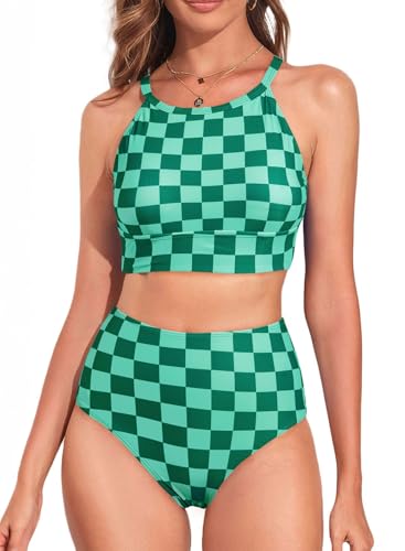 Herseas Womens Tankini Sets High Neck Top Floral Print Bikini Bottom High Rise 2 Pieces Swimsuits Cute Teen Tummy Control Green Checkerboard Bathing Suits Medium