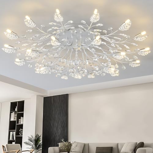 Modern Crystal Ceiling Light Fixture,Semi Flush Mount Chandeliers,Crystal Leaf Ceiling Light,Silvery Chandeliers for Dining Room,Living Room,Bedroom (Silvery, 21-Lights)