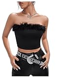OYOANGLE Women's Fuzzy Trim Strapless Sleeveless Solid Fitted Bandeau Crop Tube Top Black M