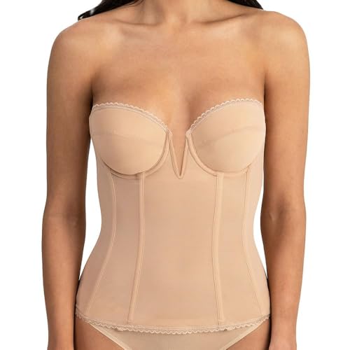 Dominique Women’s Vivienne Strapless Longline Bra – V-Wire Bridal Corset Top with Mesh & Detachable Garters – Lingerie for women