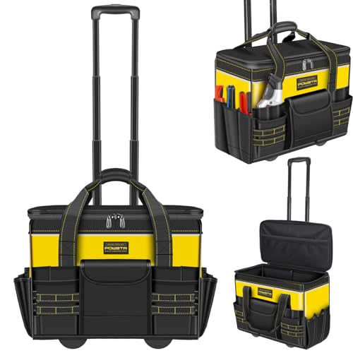 POWSTR 21" Rolling Tool Bag with Wheels,Waterproof Rolling Tool Tote with Telescoping Handle,18 Pockets Multi-use Tool Bags Organizer for Construction, Electrician,Yellow/Black