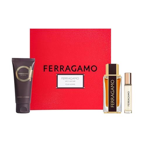 Salvatore Ferragamo Spicy Leather for Men - 3 Piece Gift Set - 3.4 Oz Parfum Spray, 0.34 Oz Parfum Spray, 3.4 Oz Shampoo and Shower Gel
