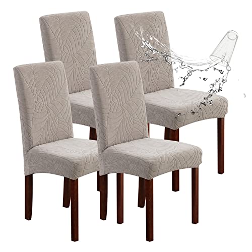 Genina Waterproof Chair Covers for Dining Room Set of 4, Dining Room Chair Covers Protectors Stretch Kitchen Parson Chair Slipcovers(Leaves-Warm Gray, 4 PCS)