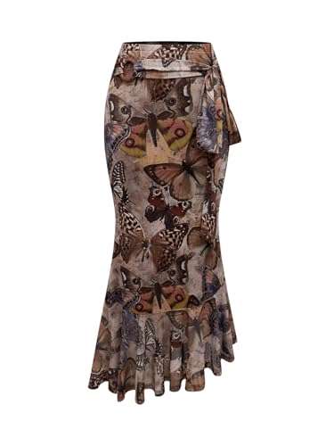 Milumia Women's Butterfly Print Bodycon Skirt Tie Knot Side Ruffle Hem Fishtail Long Skirts Brown Medium