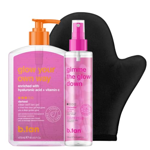 b.tan Best Clear Self Tan Gel & Face Spray Kit | Glow Your Own Way + Mist Bundle - Dark, 1 Hour Express, Transfer-Resistant Fake Tanner Gel with Gradual Tan Facial Mist, with Body Mitt Applicator