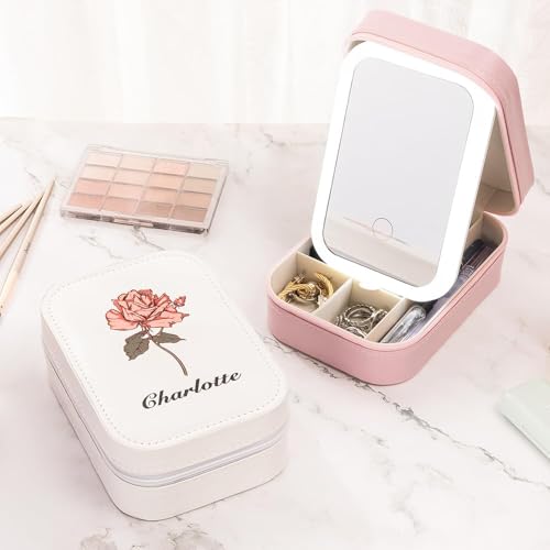 CALLIE Travel Jewelry Organizer - Personalized Birth Flower Leather Jewelry Case with Mirror, Birthday Gifts Mothers Day 2025 Graduation Wedding Christmas Gifts for Her