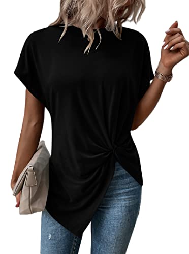 Remidoo Women's Asymmetrical Hem Round Neck Short Sleeve Twist Knot T Shirt Tops Black X-Large