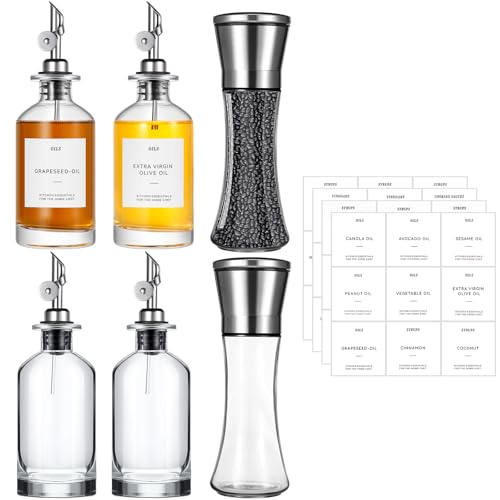 Reallnaive 6 Pcs Salt and Peppercorn Grinder Olive Oil Set 4 Pcs Olive Oil Dispenser Bottle with Metal Pour Spout 2 Pcs Refillable Salt and Peppercorn Clear Shakers with Labels for Kitchen