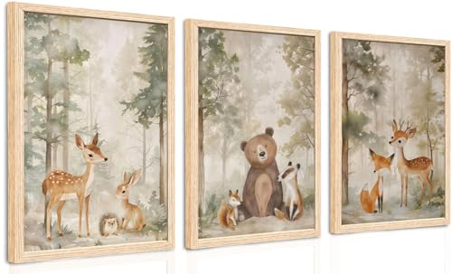 ICHZUMW Woodland Nursery Decor Wall Art Set of 3, Cute Forest Friend Animal Canvas Prints Bear Fox Deer Pictures, Nature Watercolor Paintings, Baby Room Kids Bedroom Playroom, Neutral Artwork 12x16in
