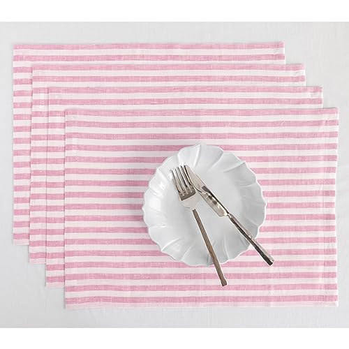 Solino Home Stripe Linen Placemats 19" L x 14" W – 100% Pure Linen Cherry Blossom and White Cloth Placemats Set of 4 – Amalfi Stripe, Washable Fabric Place Mats for Spring